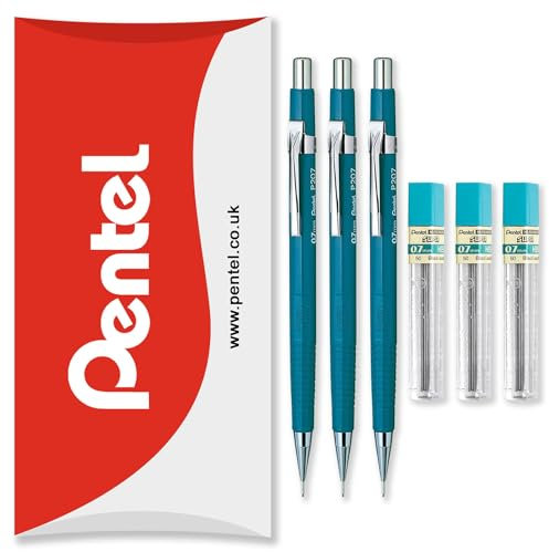 Pentel P200 Serie Automatische Druckbleistifte – HB-Mine – 3 x Bleistifte + 3 Tuben Nachfüllminen – in Kissenverpackung (P207 (0,7 mm))