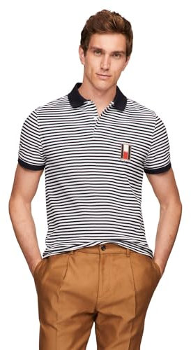 Tommy Hilfiger Men's Short Sleeve Casual Polo Shirts in Regular Fit with Stretch and Vertical Logo Designs, Desert Sky/White, Medium