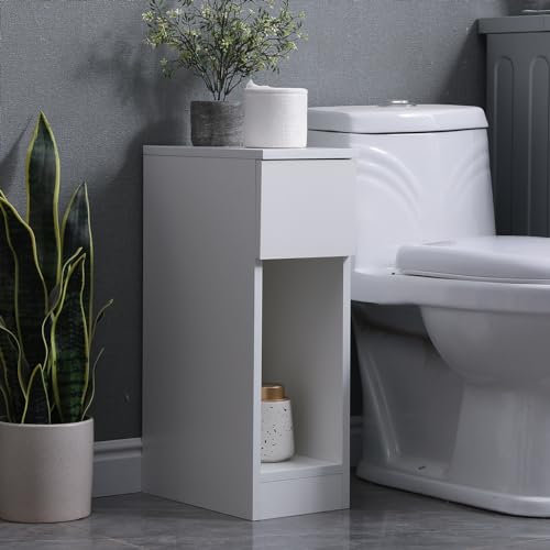 Rainbow Tree Slim Bathroom Floor Storage Cabinet with Drawer, Wooden Floor Standing Organizer Corner Unit, Toilet Paper Storage Cabinet Narrow (White)