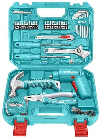 TOTAL - Maletín Multiherramientas 38 Pz | 1 Atornillador a Batería 4V | 16 Puntas | 8 Llaves Hexagonales | 2 Destornilladores | Alicate Universal | Lápiz Tester | Mini Martillo | Flexómetro | Cutter
