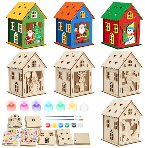 APODESS 7SET LED Teelichthaus Weihnachten Bastelset Kinder Holz Teelicht Haus mit LED Kerzen Teelichthalter Haus Weihnachtshaus Bausatz Teelicht Häuser Weihnachten Basteln Weihnachtsbaum Hängendsdeko