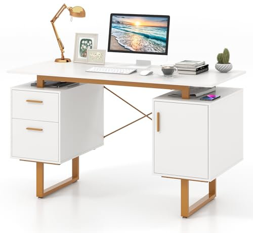 COSTWAY Home Office Computer Desk, 129 x 59 x 76 cm Large Floating Desktop Desk with Dual Drawers and Cabinet, Metal Frame Modern Vanity Table for Living Room & Bedroom (White + Gold)