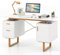 COSTWAY Home Office Computer Desk, 129 x 59 x 76 cm Large Floating Desktop Desk with Dual Drawers and Cabinet, Metal Frame Modern Vanity Table for Living Room & Bedroom (White + Gold)