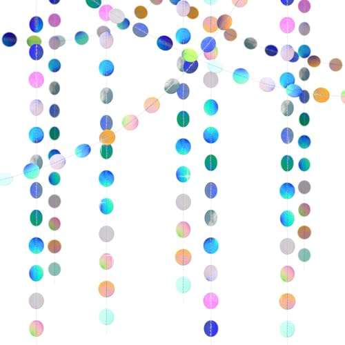Iridescent Circle Dot Streamer Garland Decoration,52Ft Holographic Rainbow Hanging Paper Garland Glitter Circle Paper Decoration for Birthdays Carnival Anniversaries Weddings