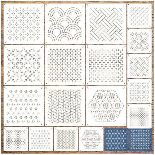 Zernblend 18 Stück Sashiko Stencil Set, Handquilten, Prägeschablonen (7,87 x 7,87 Zoll und 4,7 x 4,7 Zoll)