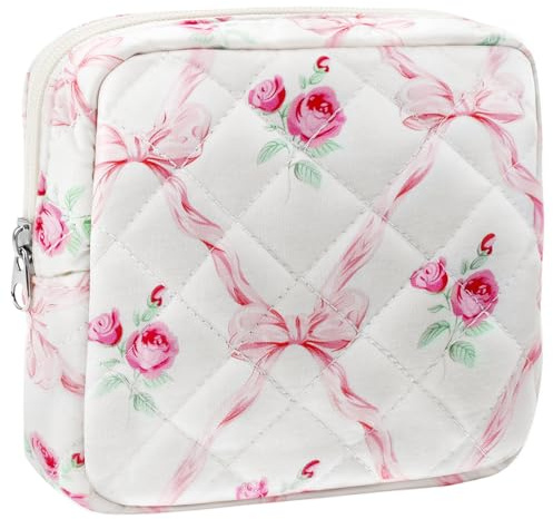 ZLFSRQ Small Quilted Makeup Bag for Purse Mini Quilted Pouch Cute Cotton Zipper Makeup Bag with Compartments Aesthetic Cosmetic Bags for Women Coquette Travel Toiletry Bags Lipstick Pouch, Bow Floral