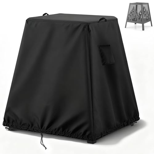 Fenghome Feuerschalenabdeckung, wasserdichte 500D Trapez-Feuerstellenabdeckungen mit Griff, Kordelzug und Schnallen, robuste Outdoor-Kaminabdeckung – 48 x 48 x 56 cm (schwarz)