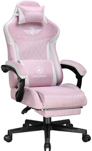 GTPLAYER Chaise de Jeu, Ergonomique, en Tissu en Lin Respirant, avec Soutien Lombaire - Chaise PC avec Dossier élargi - Charge maximale : 150 kg - Rose