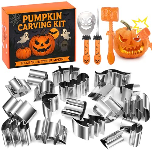 25 Stück Halloween Kürbis Schnitzset, 22 Vorlagen Edelstahl Inklusive Gummihammer Kürbis Schnitzenwerkzeug, DIY Pumpkin Carving Kit für Halloween Deko
