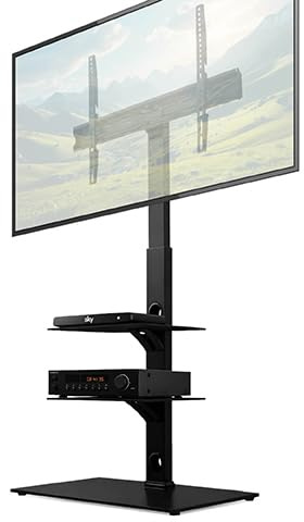 Futura Floor TV Stand for 30–75 Inch TVs, Swivel, VESA 600x400, 2x Shelves | Supports TVs up to 40kg with 37° swivel, 6 height settings, 10kg media shelves, glass base, cable management & VESA 600x400.