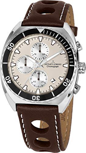 JACQUES LEMANS Herrenuhr Serie 200 Lederarmband massiv Edelstahl Chronograph 1-2041D