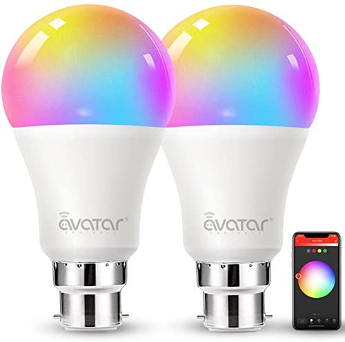 Avatar Controls Smart Bulb Alexa Light Bulbs B22 Bayonet, Colour Changing WiFi LED Lamp Bulbs 9W Set of 2 Bulbs [Energy Class F], White