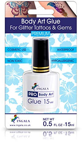 INGALA Premium Hautkleber für Glitzertattoos | Hautkleber für Glitzer Tattoos | Doppelte Größe 15ml | Hypoallergen & Dermatologisch getestet | Körperkleber zum Basteln und verkleiden | Wasserfest