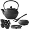 Teekanne asiatisch Gusseisen Set 1.1 Liter - schwarze Gusskanne mit Henkel & Edelstahl Tee-Filter Sieb-Einsatz für losen Tee & 6 Teebecher & Stövchen & Untersetzer & Deckelheber
