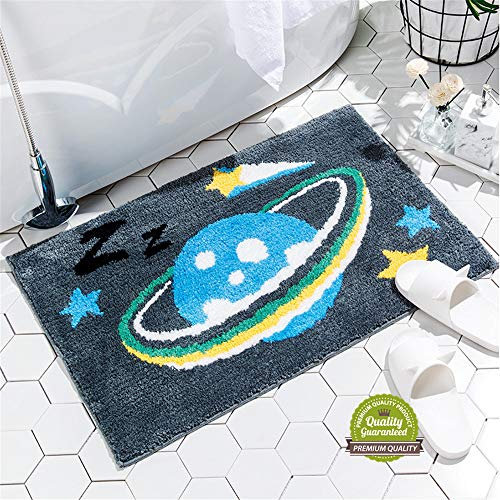 Treer Badezimmermatte Weicher Saugfähig Badezimmerteppich, Mikrofaser Beflockung Badematten Antirutsch Badvorleger Duschteppich Waschbar Badteppich (60x90cm,Planet)