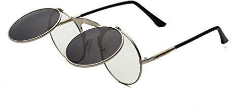 Dollger Runde Steampunk Sonnenbrille Flip up Linse Retro Metall Rahmen Sonnenbrille für Damen Herren Silber Rahmen/Schwarz Linse
