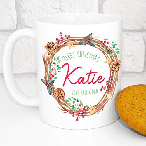 103 Designs Personalised Children's Mug - Unbreakable Lightweight Polymer - Add Your Own Name (Christmas Wreath, 11oz)