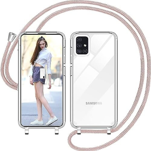 Nupcknn Handykette Hülle für Samsung Galaxy A51 4g Hülle TPU Bumper+PC Back Necklace(abnehmbar) Transparent Hülle mit Kordel zum Umhängen Handy Schutzhülle mit Band(Rosegold 1, 6.5)