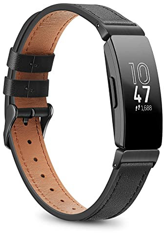 Fintie Armbänder kompatibel mit Fitbit Inspire 2/1/HR, weiches Echtleder, Ersatzarmband, Zubehör Armband, Schwarz