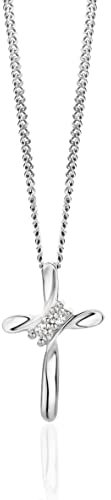 OROVI Schmuck Damen 0.05 Ct Diamant Halskette Weißgold mit Kettenanhänger Kreuz und 2 Diamanten Brillanten Halskette aus 14 Karat (585) Gold, 45 cm lang