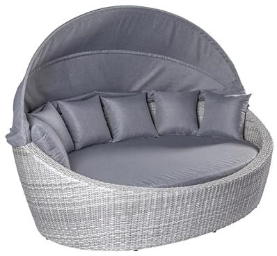 Strandkorbwerk Liegeinsel Nizza oval White-Grey Sonnenliege Polyrattan Lounge Muschel Baldachin