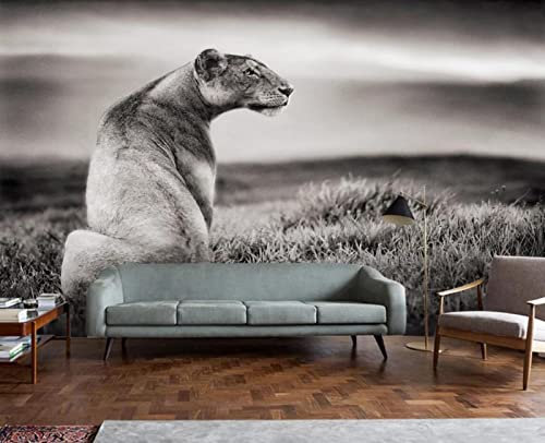 Papier Peint Panoramique Lion Animal Noir Et Blanc Rétro Papier Peint Intissé 3D Murale Tableaux Muraux Tapisserie Salon Chambre