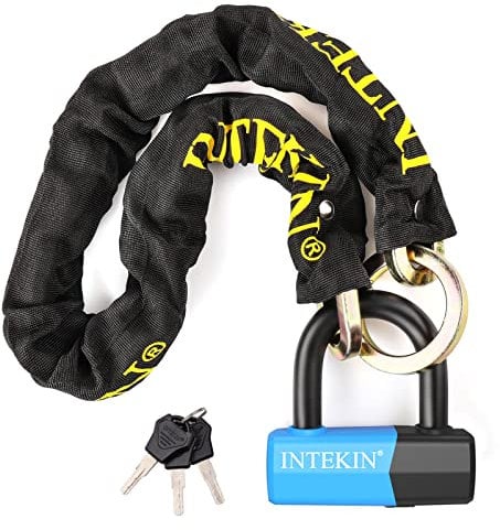 INTEKIN Lucchetto per moto, 100 cm, alta sicurezza, per moto, bicicletta, 10 mm di spessore, catena con serratura a U da 16 mm, per moto, e-bike, bicicletta, quad, 3 chiavi
