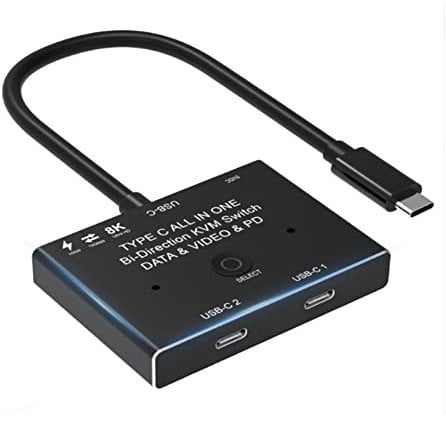 Hopbucan KVM USB C Two-Way Switch 1X2/2X1 USB 3.1 Splitter Data Video Switcher 8K @30Hz PD 100W for PC Monitor Mobile Phone