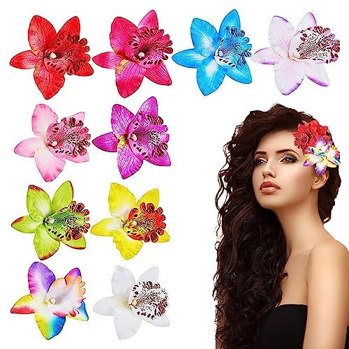 10 Pièces Hawaii Fleur Pince Cheveux Femme, été Barettes Cheveux Fille, Pince Crocodile Cheveux, Phalaenopsis Accessoires de Coiffure pour la Plage La FêTe le Mariage