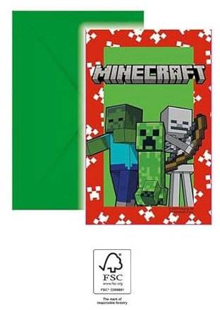Minecraft Party 6 cartes d'invitation et enveloppes