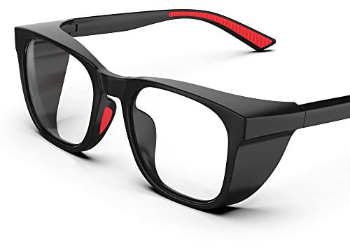 TOREGE Transparente Schutzbrille mit Seitenschutz, beschlagfrei und kratzfest mit rutschfesten Griffen und komplettem UV-Schutz, ideal für Damen und Herren (Black&Red)