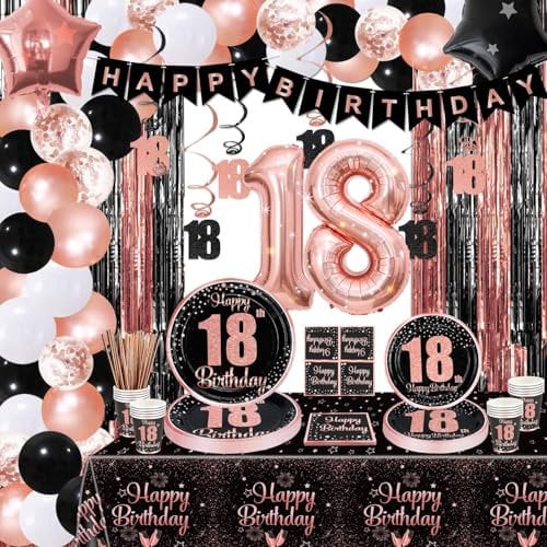 Hegbolke Dekorationen zum 18. Geburtstag – Partydekorationen in Schwarz und Roségold, Luftballons, Teller, Servietten, Becher, Tischdecke, Partyzubehör zum 18. Geburtstag für Mädchen, für 20 Personen