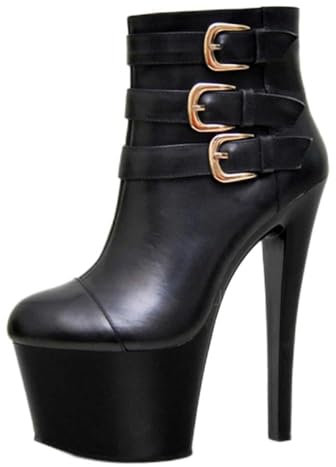 PROMI Tacchi Donna Tacchi Alti Nero 15cm/17cm Primavera E Autunno Moda Fibbia Stivali Bassi Stivali Corti-black 17CM||38