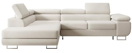 Selsey STEVIL - Ecksofa L-Sofa mit Schlaffunktion, Bettkasten, Ottomane links, Veloursbezug Hellbeige