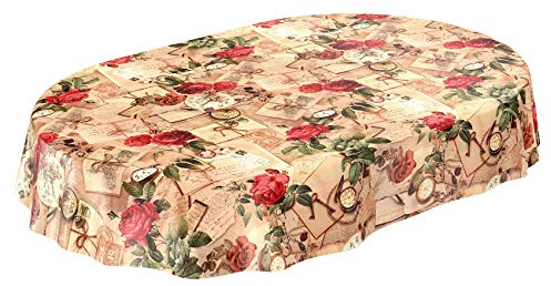 ANRO Tischdecke Wachstischdecke Wachstuch Wachstuchtischdecke Landhaus Rosen Briefe Oval abwaschbar wasserabweisend Gartentischdecke Meterware pflegeleicht Lotuseffekt 140x200cm