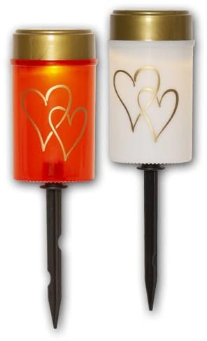 world-trading-net - 2er Set Solar LED Grablicht HERZ, weiß und rot, Höhe 12cm, Durchmesser 7cm, Dämmerungssensor, mit Erdspieß