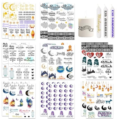 ZELAITE 16PCS Kerzentattoo Ramadan, kerzentattoos Eid Mubarak, Kerzen dekorieren, wasserschiebefolie kerzen, kerzen beschriften folie, kerzentattoos stabkerzen sprüche für Glückslicht (C)