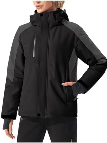 RKaixuni Skijacke Damen 3 in 1 Schnee Winter Mantel Warm Winddicht Fleece Kapuzenjacken Berg Snowboard Parka Anorak, Schwarz , 48