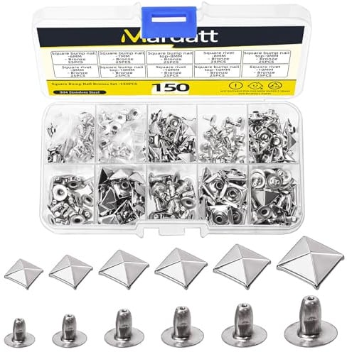 Mardatt 150 Sets 6 Sizes Square Pyramid Studs Set with Storage Box, 6/7/8/9/10/12MM Pyramid Rapid Rivet Studs Spots Studs Nail Heads for DIY Leather Craft (Silver)