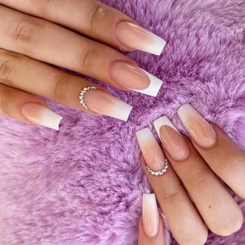 Danshinbow Lot de 24 faux ongles longs en forme de cercueil ballerine française avec strass pailletés pour femmes et filles