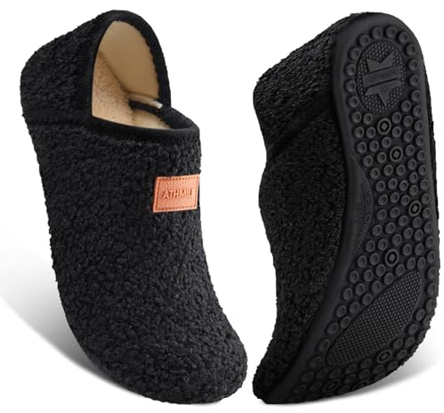 ATHMILE House Slippers for Women Men Indoor Barefoot Slippers Socks Furry Slip on House Shoes Cozy Comfy for Home Bedroom Travel Yoga Women 8-8.5 Black