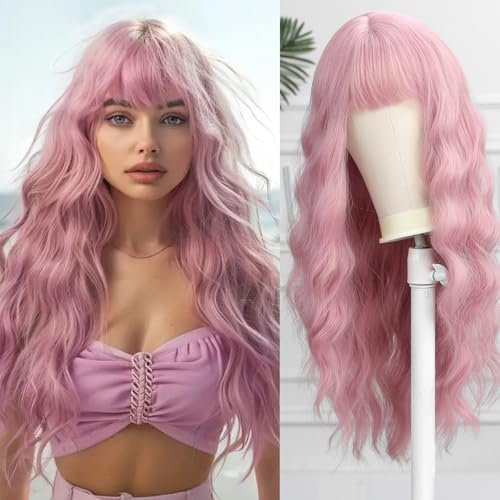 Esmee Lange Gewellte Rosa Perücken mit Vorhang Pony Natürliche Perücke Synthetische Cosplay Perücken für Frauen für die tägliche Party Cosplay Tragen