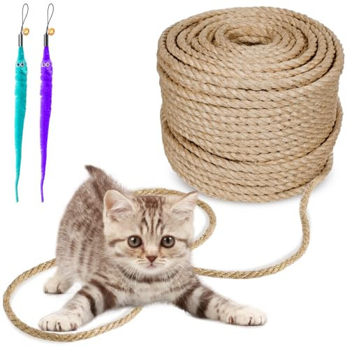 Kulamo Corde Sisal 10M X 9MM, Corde Arbre à Chat avec 2 Jouets Souris, Corde en Sisal Naturel Meilleure Qualité, Corde pour Arbre à Chat pour Remplacement, Jardinage DIY, Décoration de Maisons