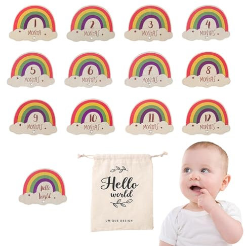 LearnLyrics Pannello di pietra miliare del bambino arcobaleno, pietre miliari mensili del bambino arcobaleno- Mappe di passi mensili del bambino in legno,Carte di pietre miliari mensili del bambino,