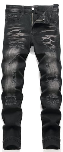 OIIIO Men's Patch Ripped Stretch Regular Fit Jean, 6661 Black, 38
