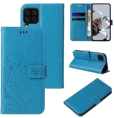 LBH Handy Hülle für Huawei P40 Lite Case Handytasche Schmetterling Blumen Flower Standfunktion Schutzhülle Magnet Rundum Schutz 360 Grad Flipcase Cover Blau