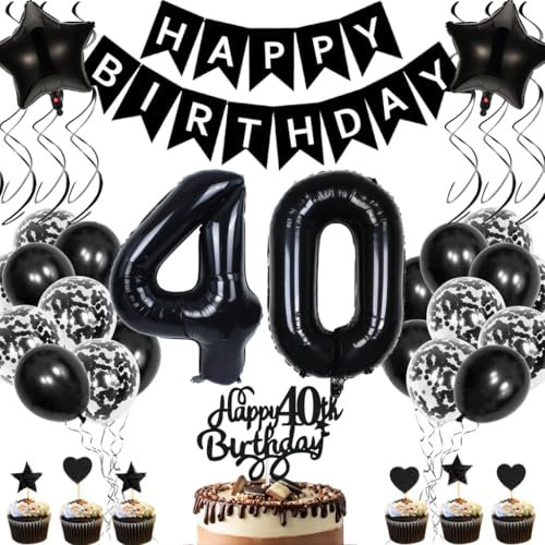 Anlgdi Geburtstagsdeko 40 Jahre Mann Frau, Luftballons 40. Geburtstag Dekoration, Schwarz Tortendeko Geburtstags 40 Jahre Frauen, Folienballon Zahl 40 Schwarz, Deko 40. Geburtstag Männer