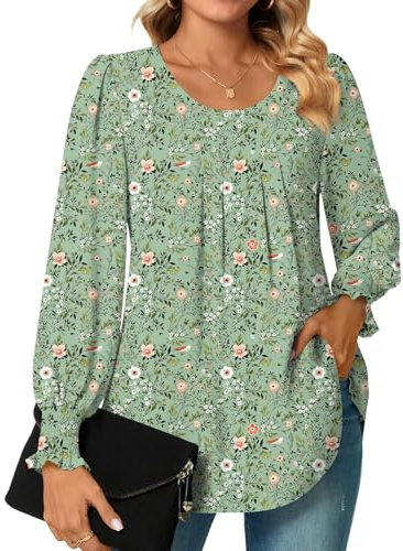Bestbee Womens Long Sleeve Tunic Tops Dressy Chiffon Blouses Crew-Neck Smocked Cuffs Sleeve Shirts Casual T-Shirts Ladies Pleated Tops, Green Flowers, 2XL
