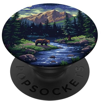 Bär Mystic Forest Mountain Colorful Pixel Art Night PopSockets mit austauschbarem PopGrip