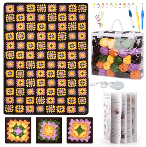 Reessy Häkelsets für Anfänger und Erwachsene, Häkeldecken-Set, quadratisches Oma-Decken-Starter-Set mit Schritt-für-Schritt-Anleitung (evtl. nicht in deutscher Sprache), 160 x 91 cm, Decken-Anfänger,